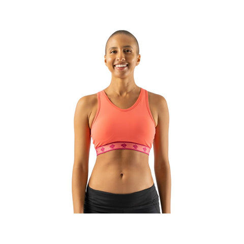 Utili Bra-Vo by Rabbit in coral with pink band, multifunctional sports bra with laser-cut pocket, minimizes bounce for running and activewear