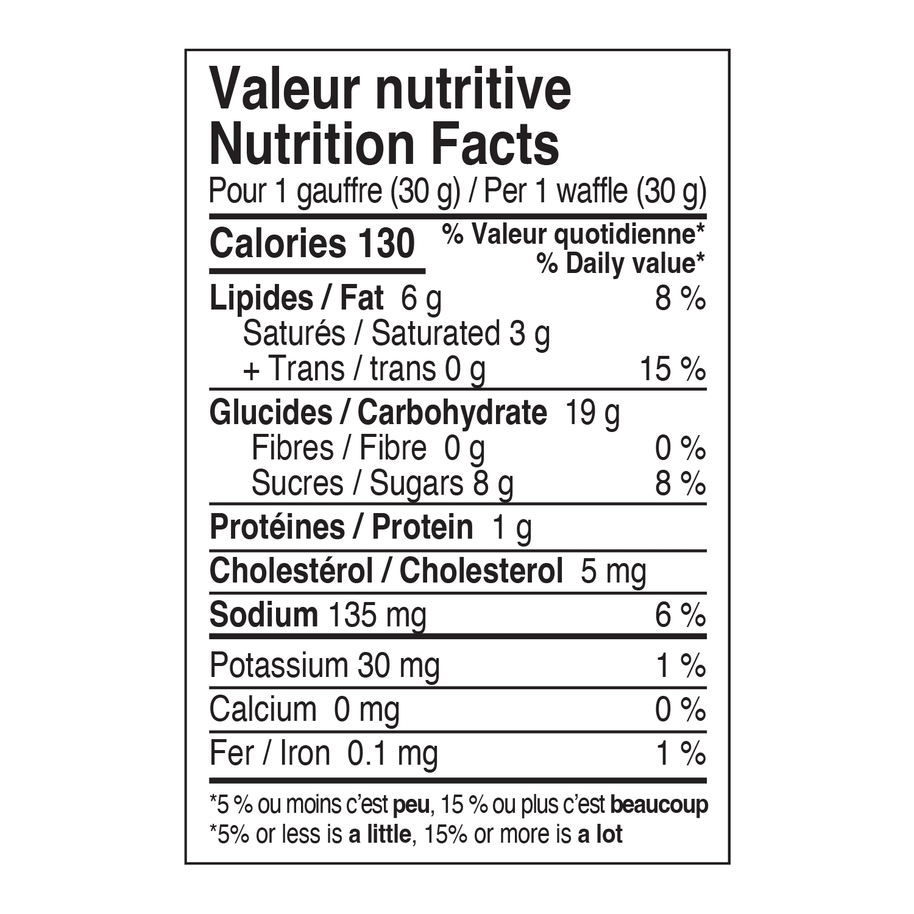 Maple Energy Waffle by Brix nutrition facts label showing 130 calories, 6g fat, 19g carbs, 1g protein for natural gluten-free energy with electrolytes