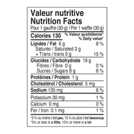 Maple Energy Waffle by Brix nutrition facts label showing 130 calories, 6g fat, 19g carbs, 1g protein for natural gluten-free energy with electrolytes
