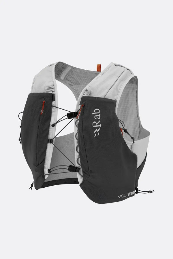 Rab Veil 12L Lightweight Running Vest in Gargoyle/Graphene, front three-quarter view of dark grey pockets and light grey frame