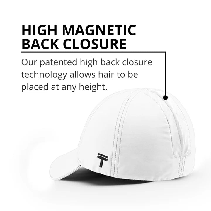Performance 2.0 Ponytail Cap by Top Knot in white with high magnetic back closure for adjustable hair placement and active wear comfort