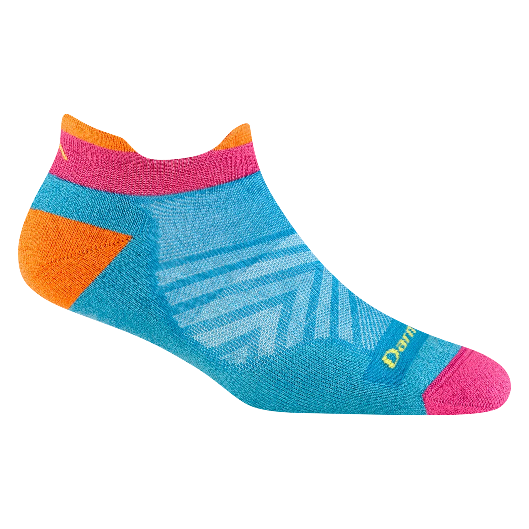 Run No Show Tab Ultra-Lightweight w/Cushion Running Sock - Women by Darn Tough in blue, pink, and orange with merino wool for blister protection and sweat-wicking
