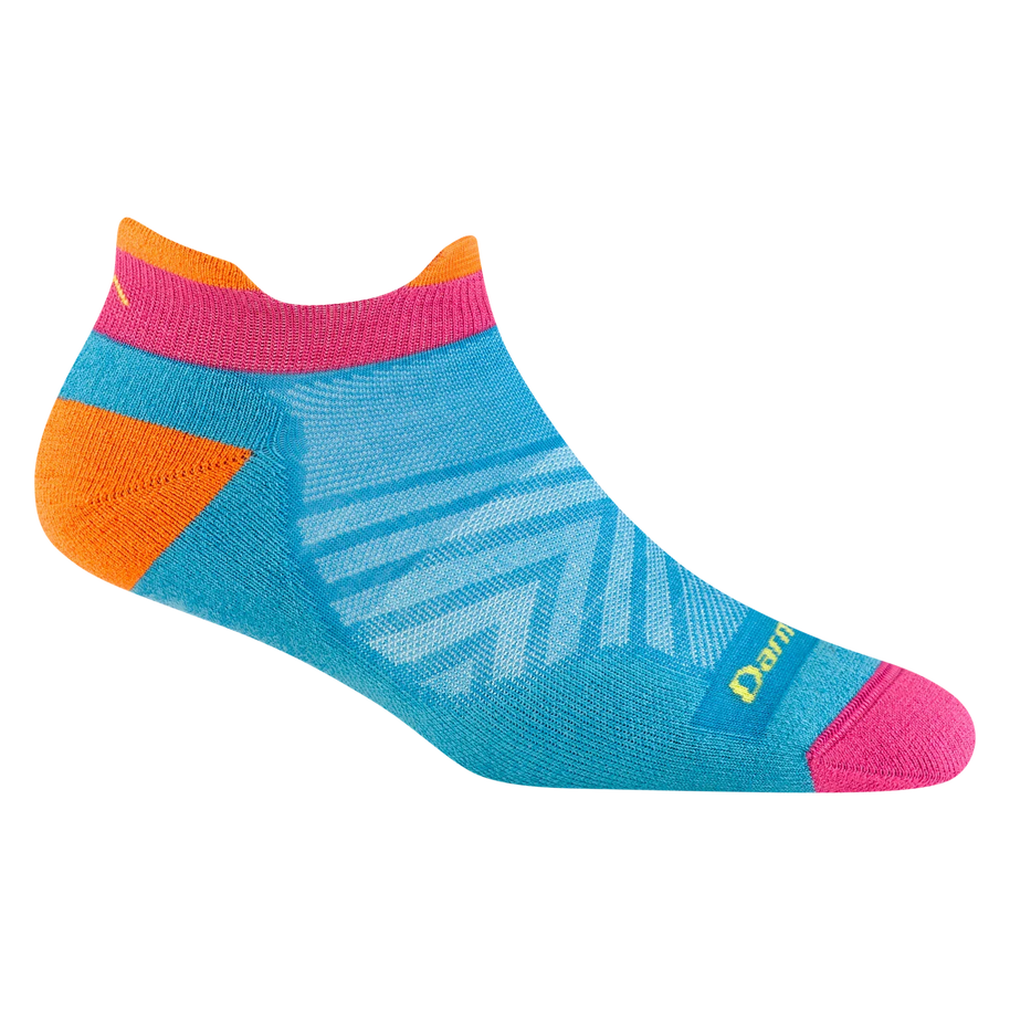 Run No Show Tab Ultra-Lightweight w/Cushion Running Sock - Women by Darn Tough in blue, pink, and orange with merino wool for blister protection and sweat-wicking