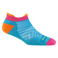 Run No Show Tab Ultra-Lightweight w/Cushion Running Sock - Women by Darn Tough in blue, pink, and orange with merino wool for blister protection and sweat-wicking