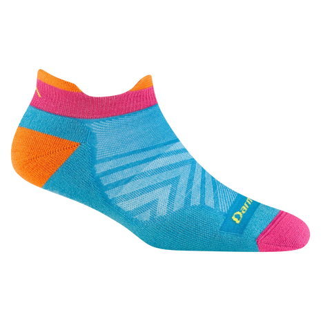 Run No Show Tab Ultra-Lightweight w/Cushion Running Sock - Women by Darn Tough in blue, pink, and orange with merino wool for blister protection and sweat-wicking