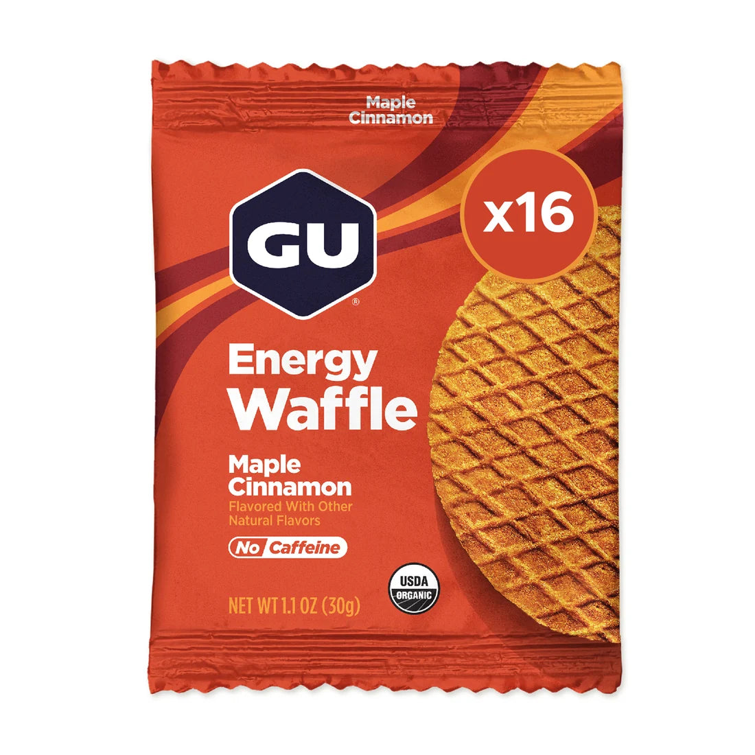 GU Energy Waffle in Maple Cinnamon, orange wrapper with x16 badge and USDA Organic logo, front view