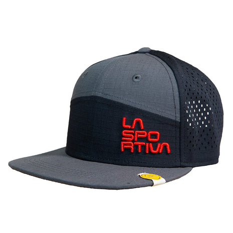Traverse Trucker by La Sportiva in grey and black with red logo, crush-resistant hat with adjustable webbing for sun protection and comfort