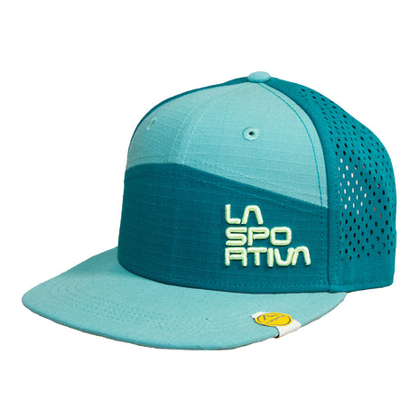 Traverse Trucker by La Sportiva in light blue and teal, crush-resistant hat with webbing adjustment for sun protection and comfortable fit
