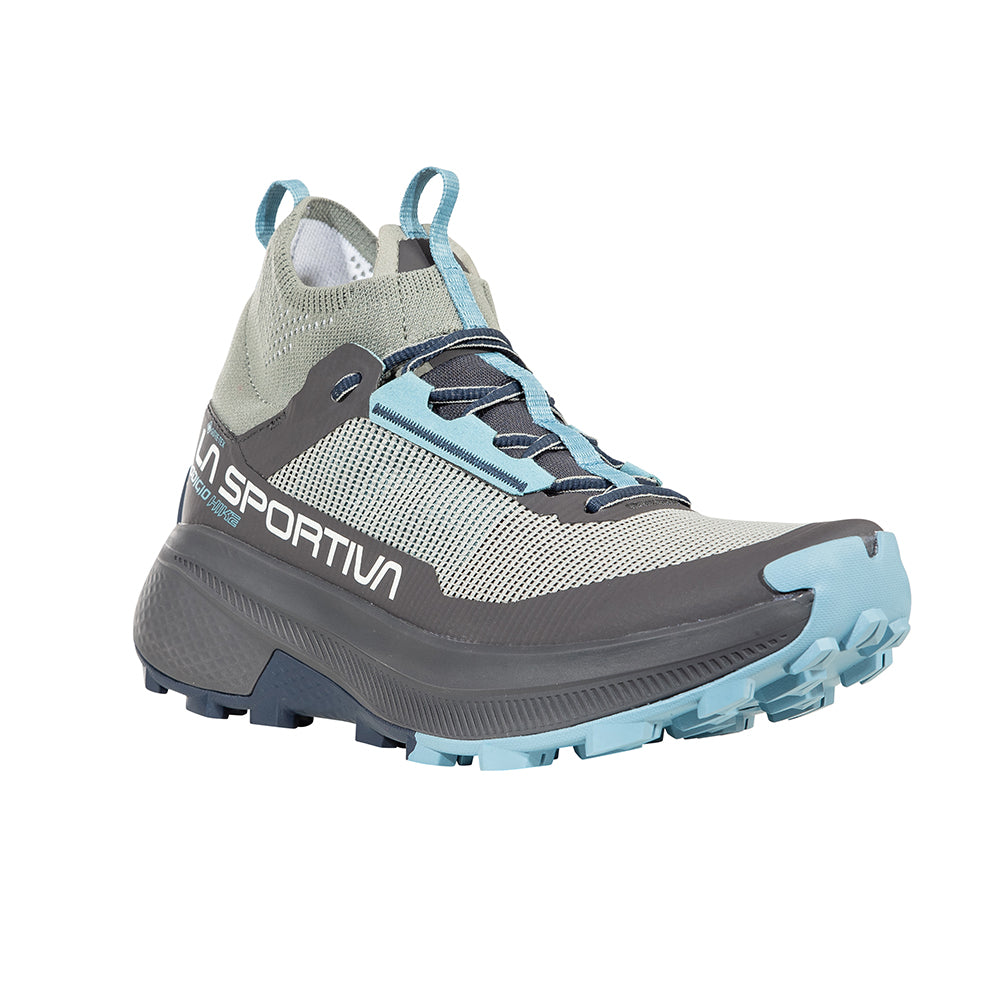 Prodigio Hike GTX - Women by La Sportiva in light grey and blue, durable hiking shoe for efficient mountain terrain movement and rugged trails