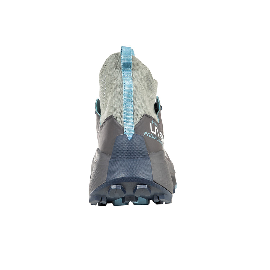 Prodigio Hike GTX - Women by La Sportiva in grey and blue durable hiking shoe built for efficient mountain terrain movement and rugged outdoor use