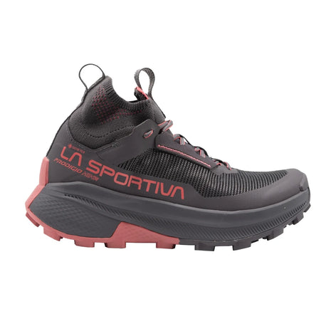La Sportiva Prodigio Hike GTX women's hiking shoe in Onyx, side view of dark grey upper with rose-red logo and outsole