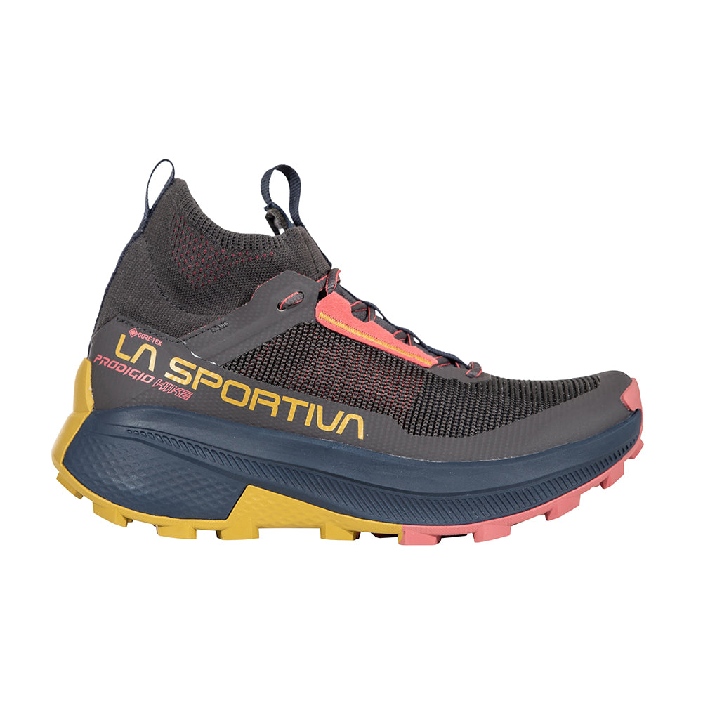 Prodigio Hike GTX - Women by La Sportiva in dark grey yellow and coral, durable hiking shoe for efficient mountain terrain movement