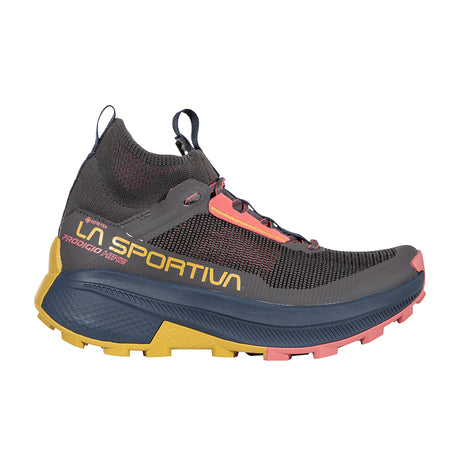 Prodigio Hike GTX - Women by La Sportiva in dark grey yellow and coral, durable hiking shoe for efficient mountain terrain movement