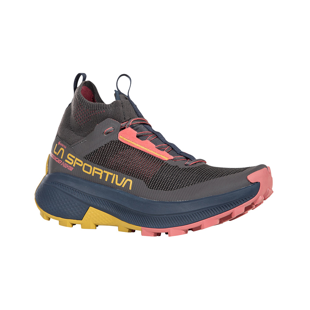 Prodigio Hike GTX - Women by La Sportiva in black, pink, and yellow, durable waterproof hiking shoe for mountain terrain and efficient movement