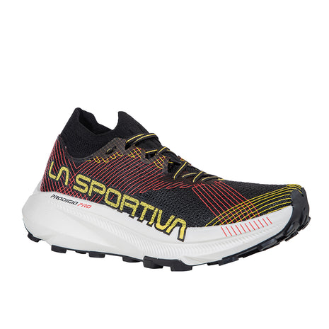 Prodigio Pro - Men by La Sportiva in black with yellow and red accents, lightweight trail running shoe with XFlow Speed technology for ultrarunners