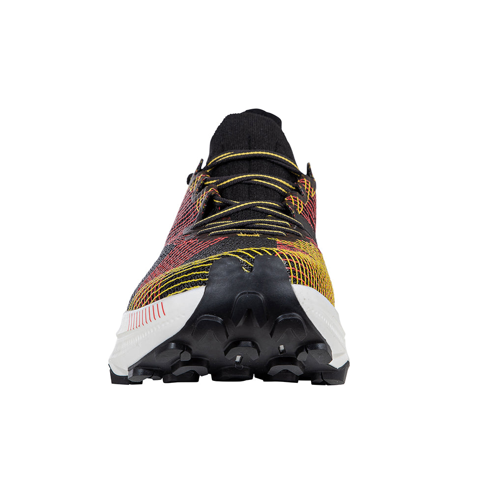 Prodigio Pro - Men by La Sportiva in black, red, and yellow, ultrarunning shoe with XFlow Speed tech for trail and competitive running
