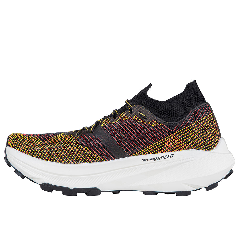 Prodigio Pro - Men by La Sportiva in black with yellow and red accents, running shoe with XFlow Speed tech for ultrarunning and trail use