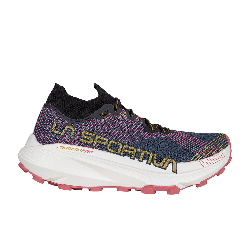 Prodigio Pro - Women by La Sportiva in navy, black, and pink with XFlow Speed tech, ultralight running shoe for trail and ultrarunning