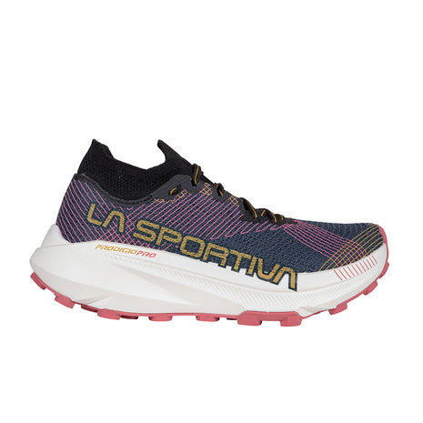 Prodigio Pro - Women by La Sportiva in navy, black, and pink with XFlow Speed tech, ultralight running shoe for trail and ultrarunning