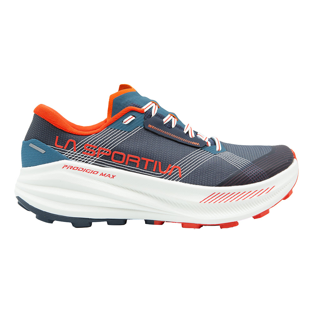 Prodigio Max - Men by La Sportiva in navy and orange with maximum cushioning and protection, designed for ultra-distance trail running