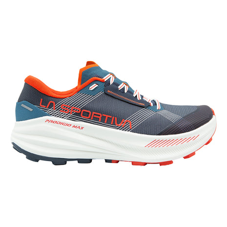 Prodigio Max - Men by La Sportiva in navy and orange with maximum cushioning and protection, designed for ultra-distance trail running