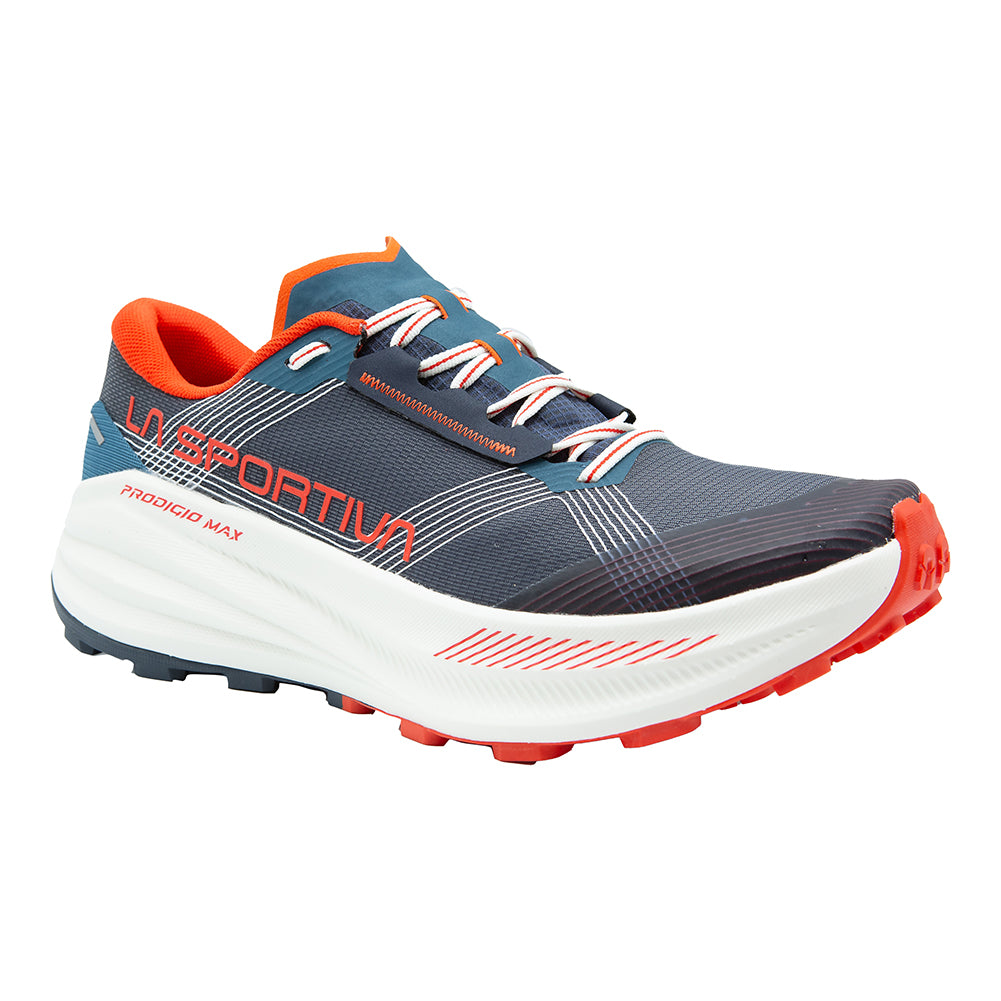 Prodigio Max - Men by La Sportiva in blue and orange, cushioned trail running shoe designed for ultra-distance races and rugged terrain
