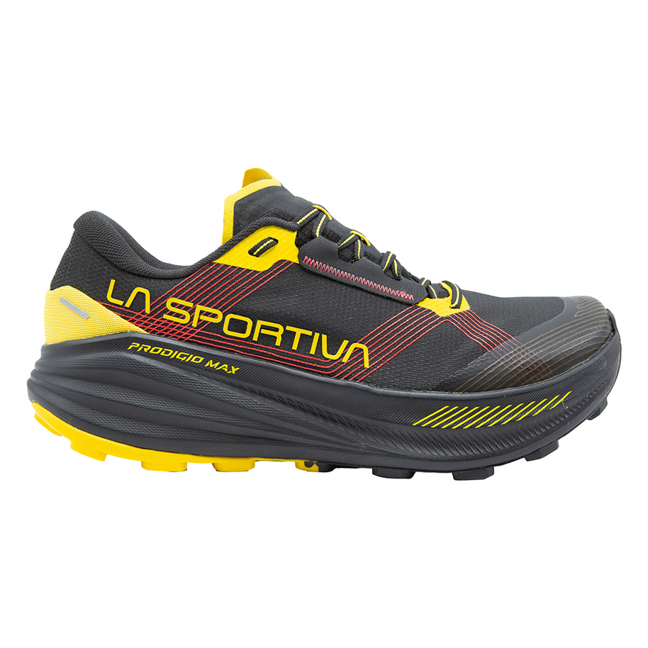 Prodigio Max - Men by La Sportiva in black and yellow, cushioned trail running shoe for ultra-distance and rugged outdoor use