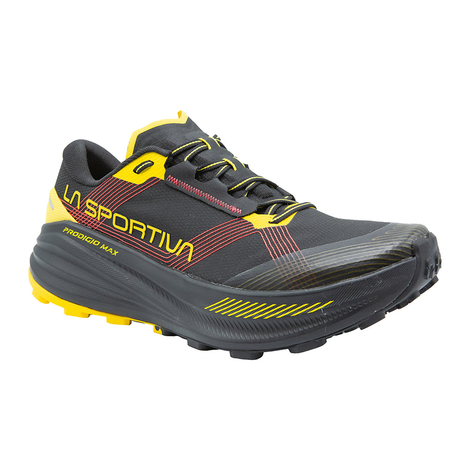 Prodigio Max - Men by La Sportiva in black and yellow ultra-cushioned trail running shoe for ultra-distance races and rugged terrain