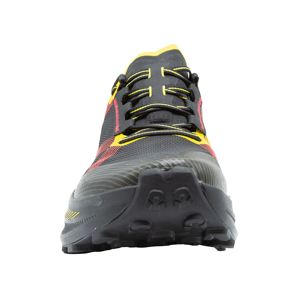 Prodigio Max - Men by La Sportiva in black with yellow and red, ultra-cushioned trail running shoe for ultra-distance races