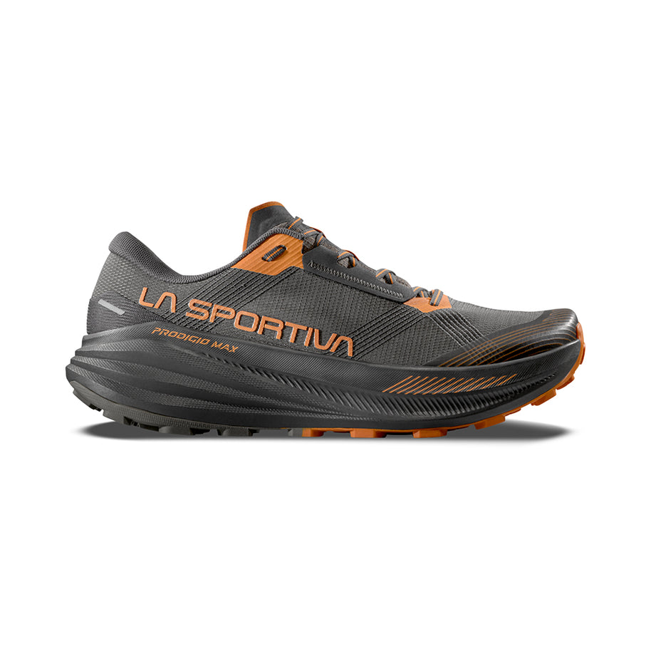 Prodigio Max - Men by La Sportiva in grey and orange, cushioned ultra-distance trail running shoe for tough race protection