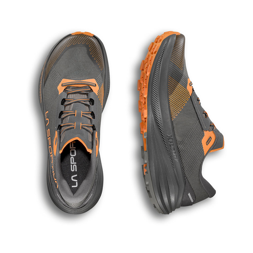 Prodigio Max - Men by La Sportiva in dark grey and orange, cushioned trail running shoe for ultra-distance races and rugged terrain