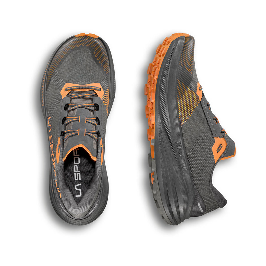 Prodigio Max - Men by La Sportiva in dark grey and orange, cushioned trail running shoe for ultra-distance races and rugged terrain
