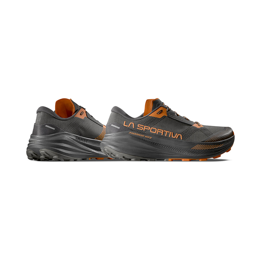 Prodigio Max - Men by La Sportiva in dark grey and orange ultra-cushioned trail running shoe for ultra-distance racing and protection