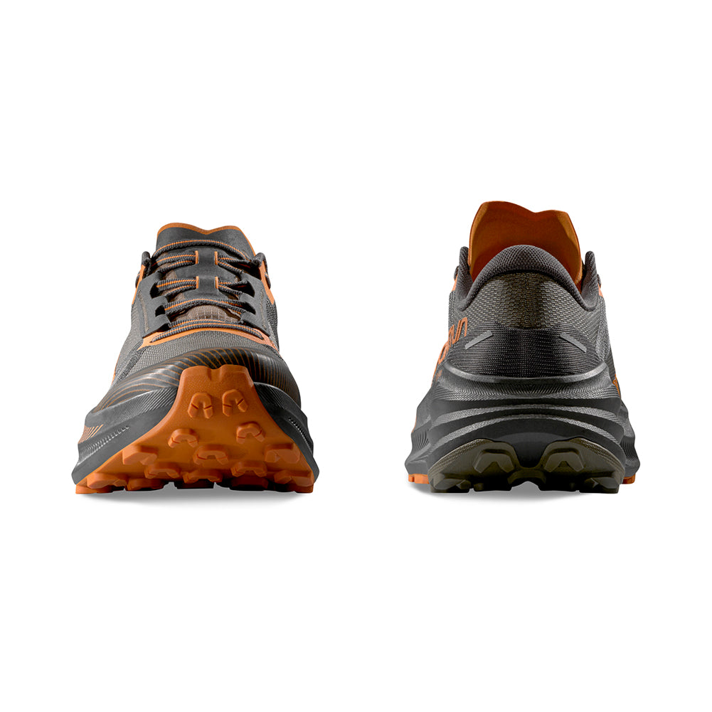Prodigio Max - Men by La Sportiva in grey and orange, cushioned trail running shoes for ultra-distance races and rugged terrain