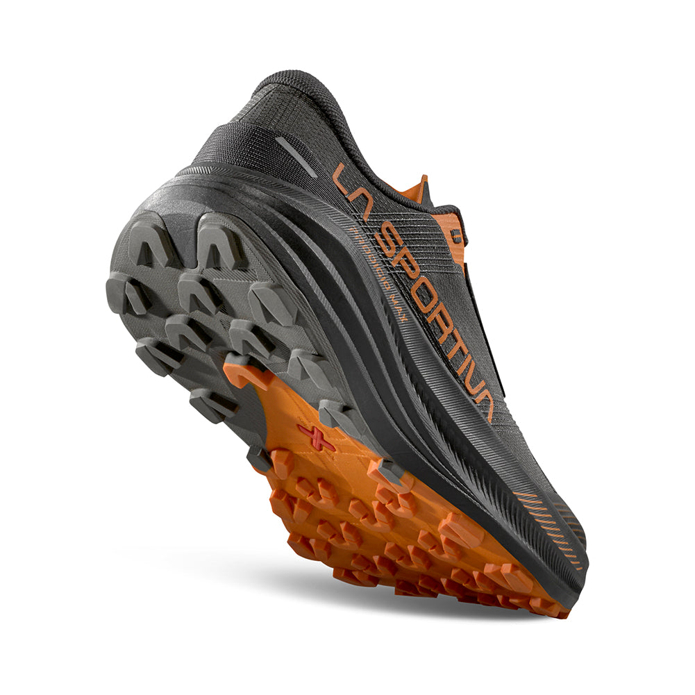 Prodigio Max - Men by La Sportiva in black and orange, ultra-cushioned trail running shoe for ultra-distance racing and protection