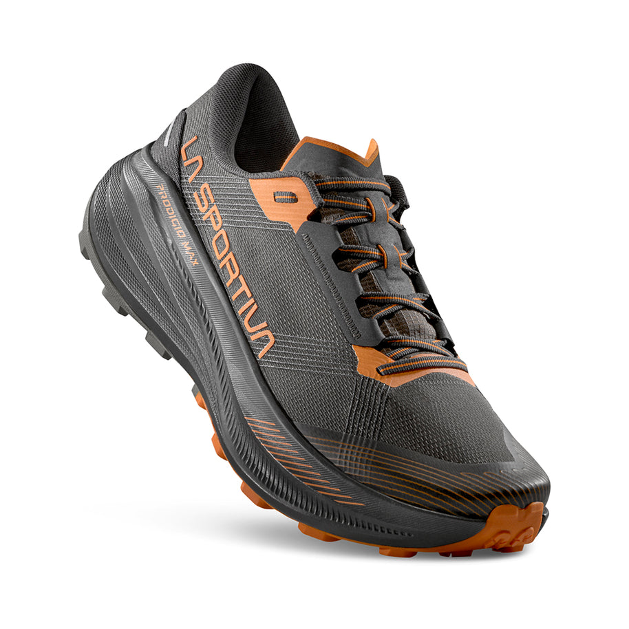 Prodigio Max - Men by La Sportiva in black and orange with maximum cushioning for ultra-distance trail running and toughest races