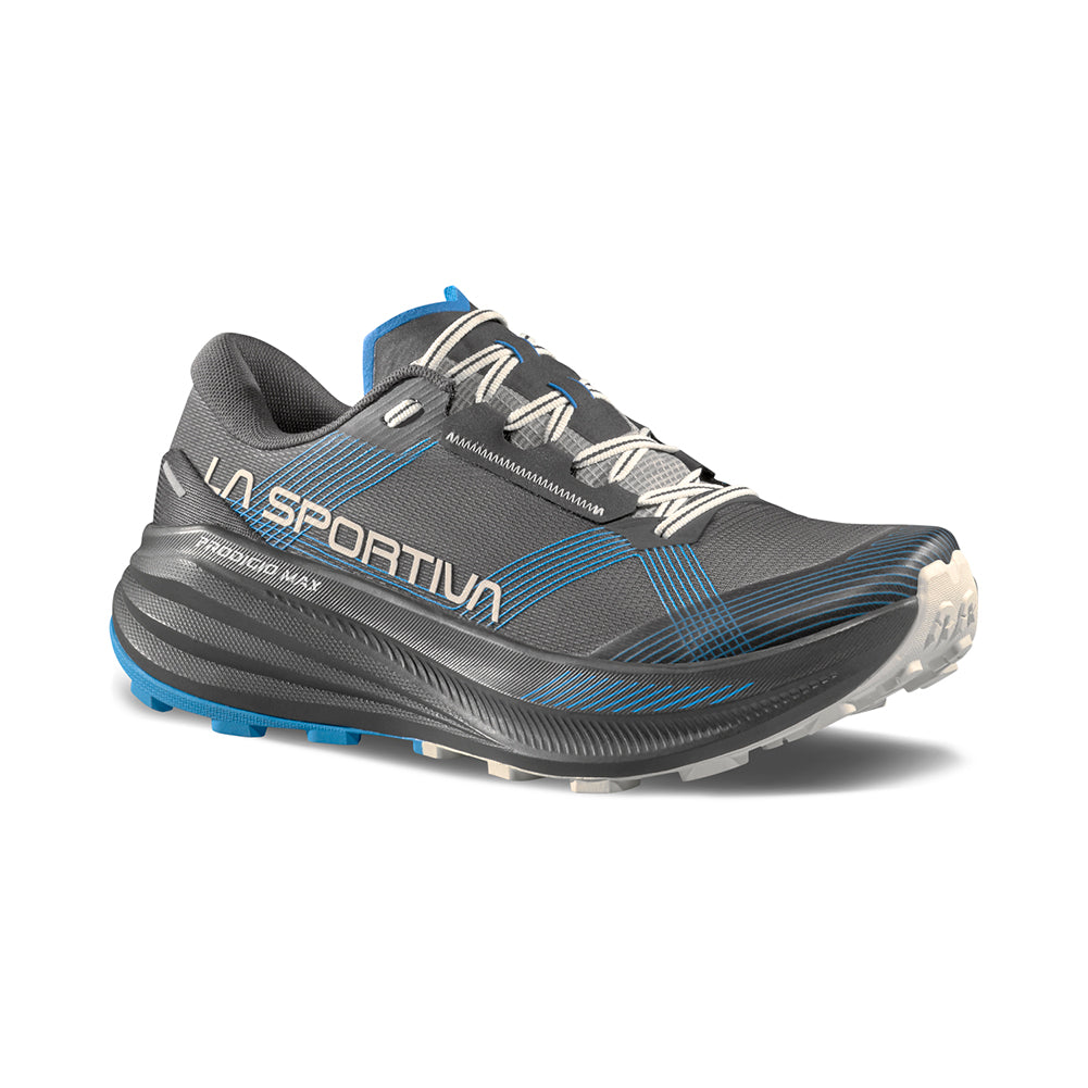 Prodigio Max - Women by La Sportiva in grey and blue, cushioned trail running shoe designed for ultra-distance races and protection