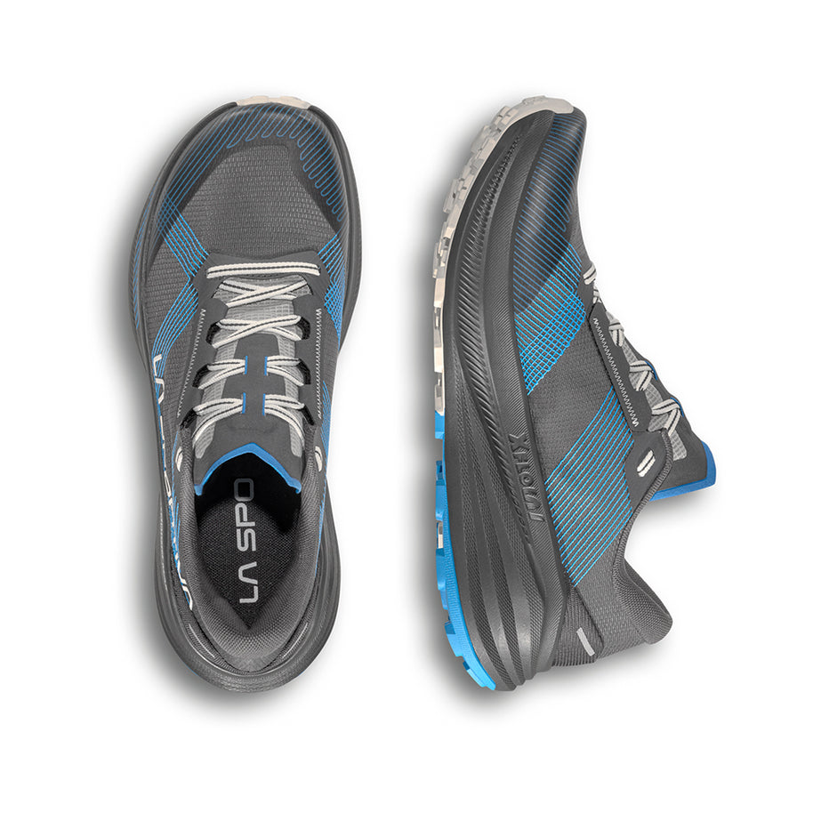 Prodigio Max - Women by La Sportiva in grey and blue, cushioned trail running shoe designed for ultra-distance races and comfort