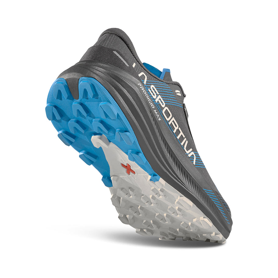 Prodigio Max - Women by La Sportiva in grey and blue, cushioned trail running shoe for ultra-distance races and rugged outdoor terrain