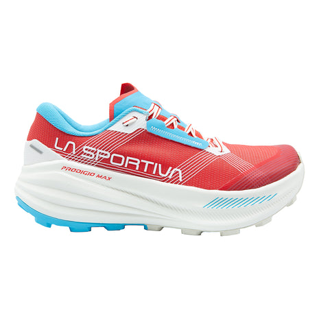 Prodigio Max - Women by La Sportiva in red and blue cushioned trail running shoe for ultra-distance comfort and protection on tough races