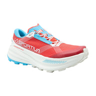 Prodigio Max - Women by La Sportiva in red and blue, cushioned trail running shoe designed for ultra-distance comfort and protection