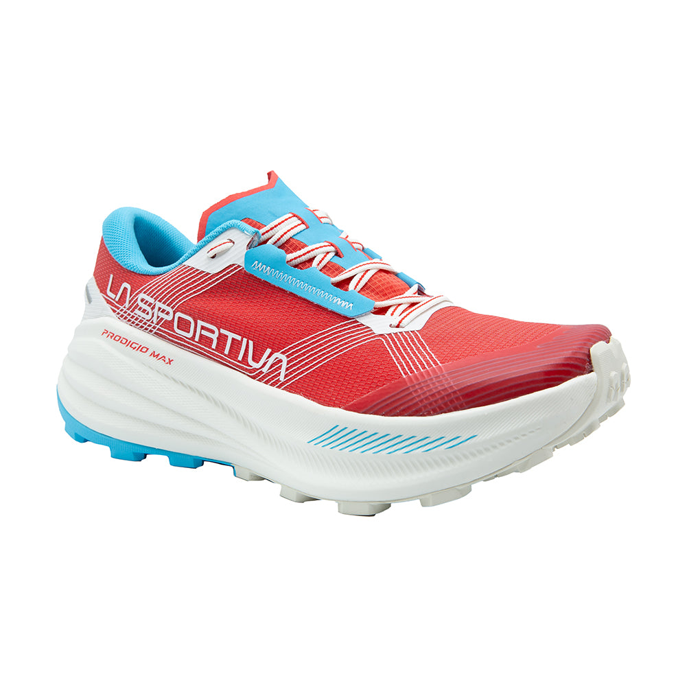 Prodigio Max - Women by La Sportiva in red and blue, cushioned trail running shoe designed for ultra-distance races and comfort