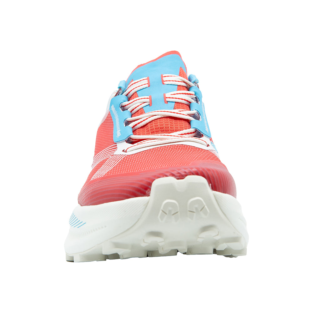 Prodigio Max - Women by La Sportiva in coral and blue, cushioned trail running shoe for ultra-distance races and tough outdoor terrain