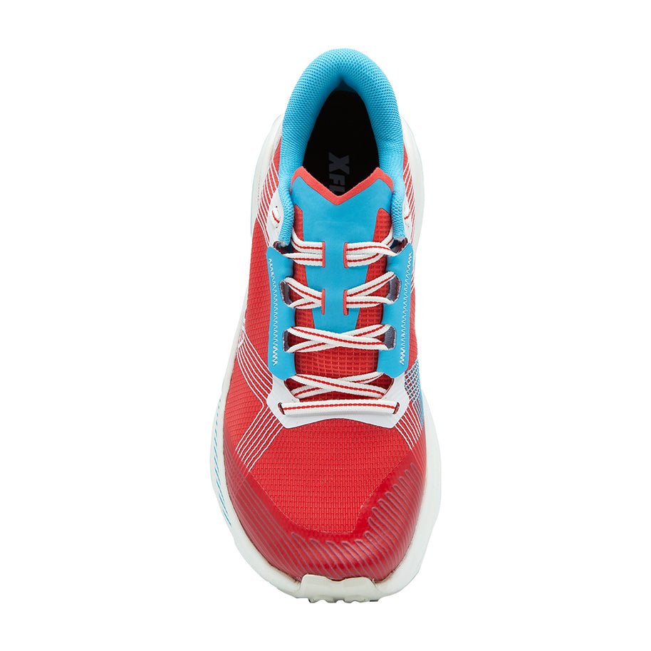 Prodigio Max - Women by La Sportiva in red and blue, ultra-distance trail running shoe with cushioning and protection for tough races