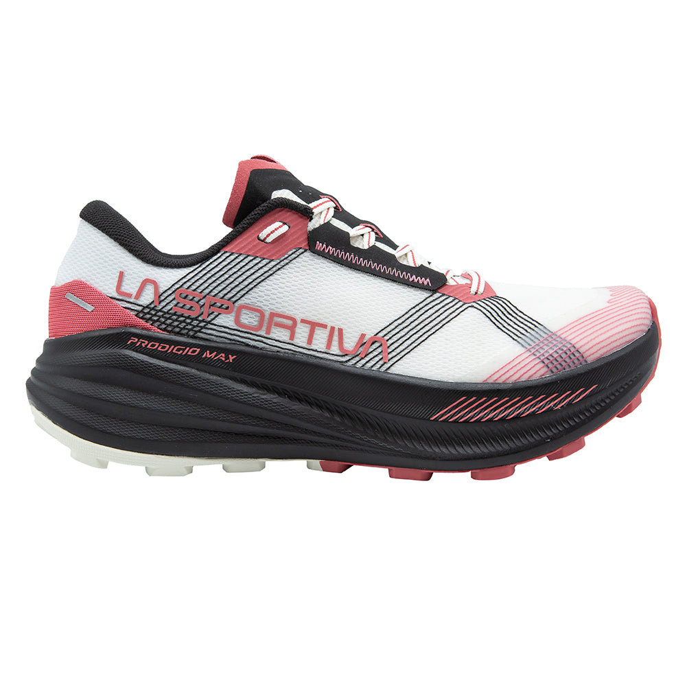 Prodigio Max - Women by La Sportiva in white, black, and pink with maximal cushioning for ultra-distance trail running and racing