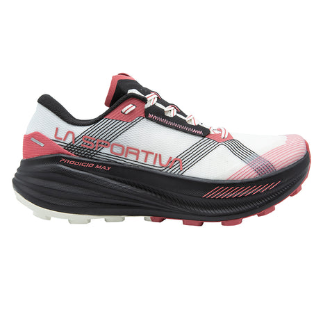 Prodigio Max - Women by La Sportiva in white, black, and pink with maximal cushioning for ultra-distance trail running and racing