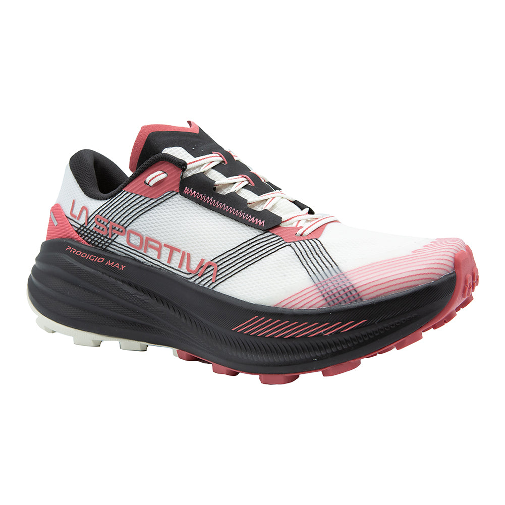 Prodigio Max - Women by La Sportiva in white black and red, cushioned trail running shoe for ultra-distance and tough races