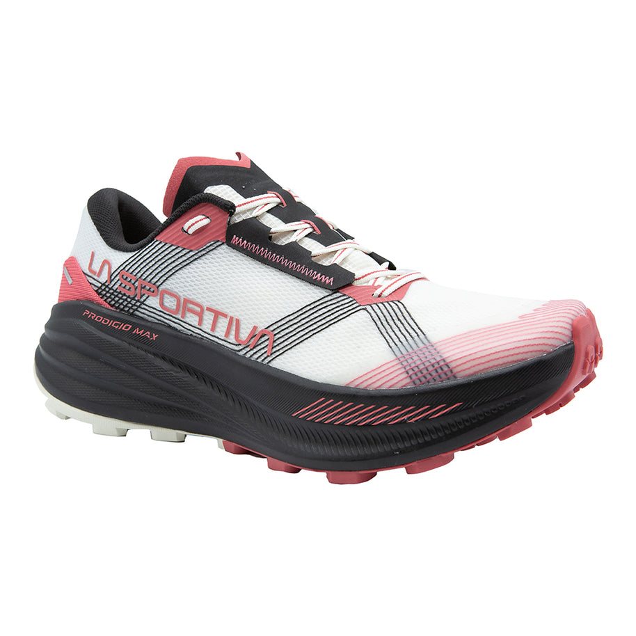 Prodigio Max - Women by La Sportiva in white black and red, cushioned trail running shoe for ultra-distance and tough races