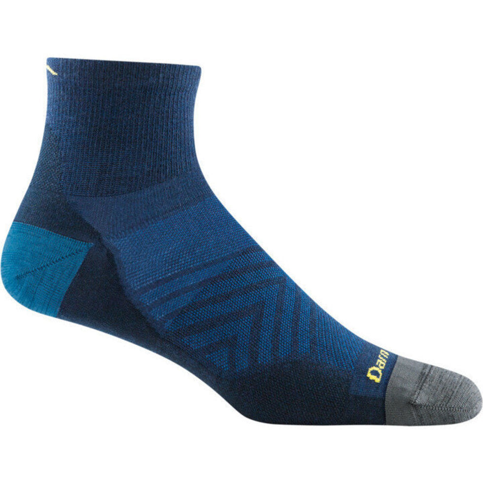 Run Quarter Ultra-Lightweight Running Sock - Men by Darn Tough in blue and grey, silky ribbed ankle coverage, ideal for training and trail runs