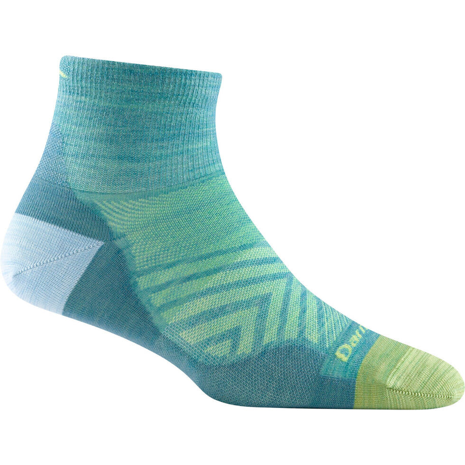 Run Quarter Ultra-Lightweight Running Sock - Women by Darn Tough in blue and green, secure cuff, blister-free fit ideal for running trails